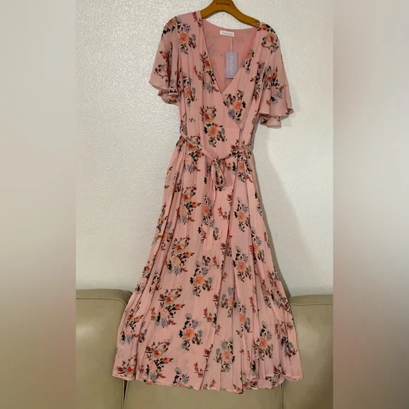 Azalosie Pink Peach Floral Shor Dress  SIZE M 
Sleeve Wrap High Low Maxi - Picture 6 of 10
